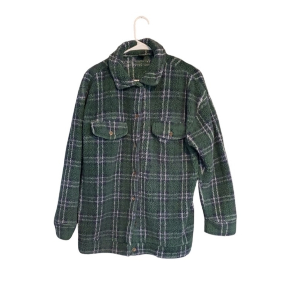 Men's Sherpa Plaid Oversized Shirt Jacket Green Shacket Outdoor Gorpcore Cowboy
